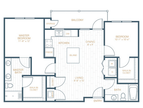 Floor plan for 2 beds, 2 baths, 1002 sqft
